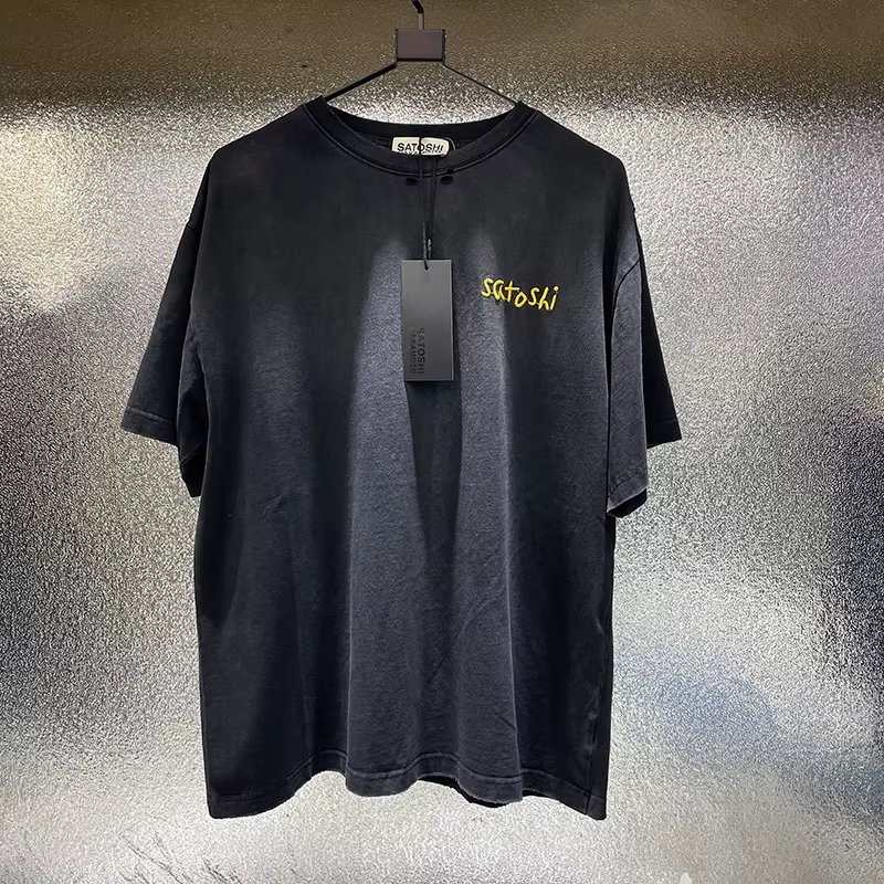 T-shirt en coton de qualité supérieure, coupe ample, délavé vintage, marron noir, avec trous déchiré