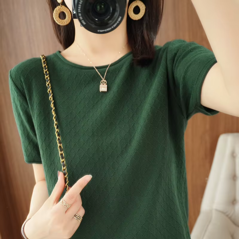T-shirt femme printemps/été 100% coton pull à manches courtes décontracté roulé col rond dames hauts