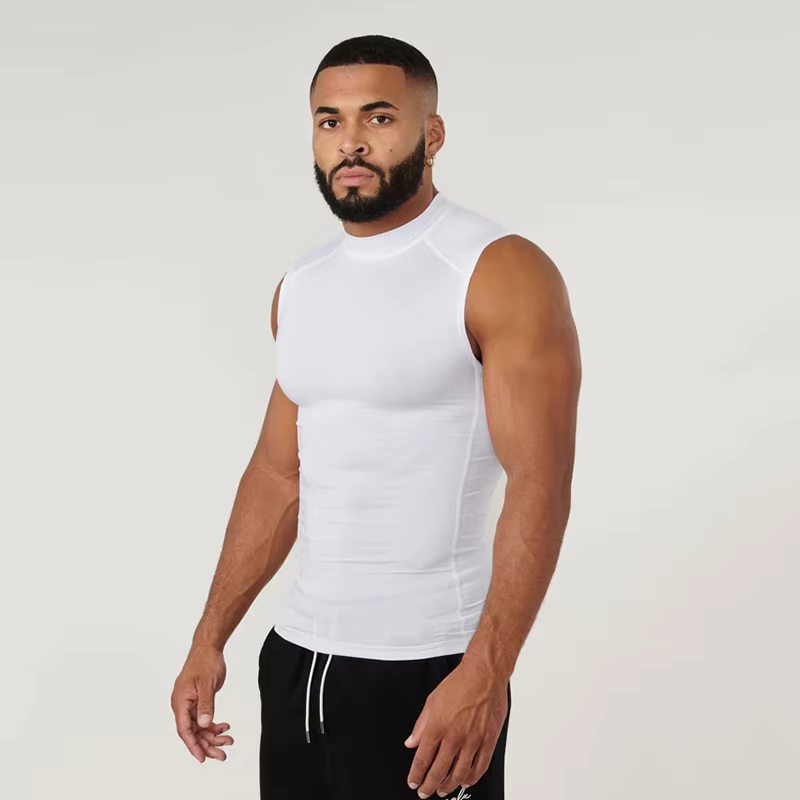 Vêtements de fitness de compression à col haut pour hommes, chemise de sport solide, col haut, élast