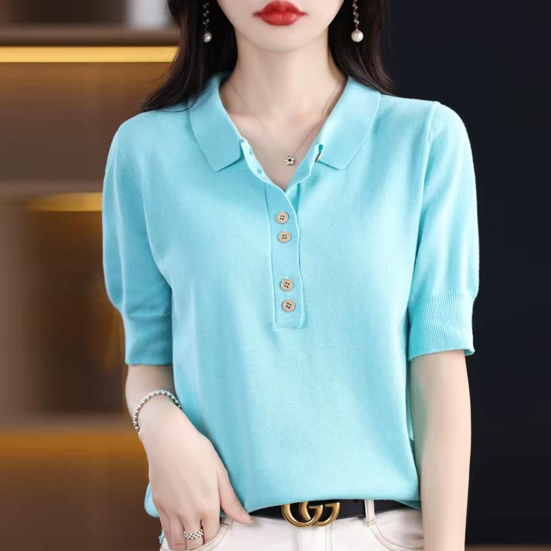 Pull à manches courtes pour femmes, T-shirt d'été, 100% coton, Tricots décontractés, Col POLO, Pull