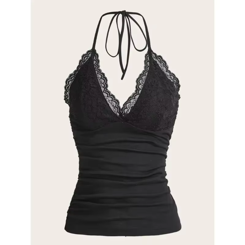 Haut à licou en patchwork de dentelle noire pour femmes, vêtements gothiques punk, monochromatique, 