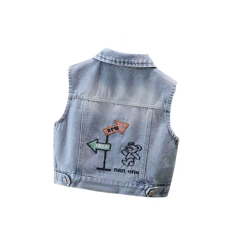 Enfants Denim veste sans manches avec ours de dessin animé pour Tween garçon fille gilet en jean déc