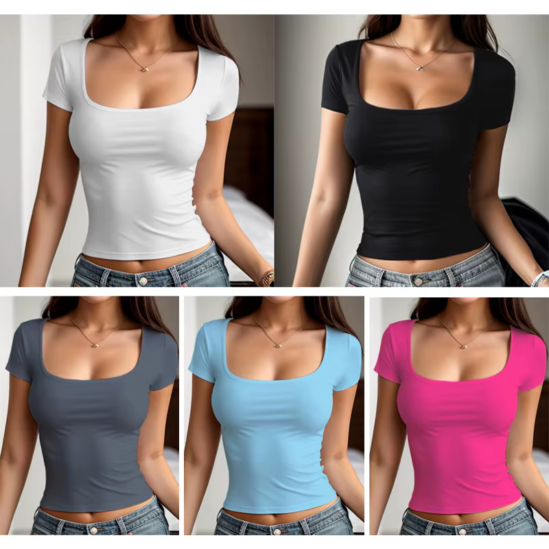 T-shirt à manches courtes pour femmes, couleur unie, col carré élastique, coupe cintrée, Sexy, Y2k,