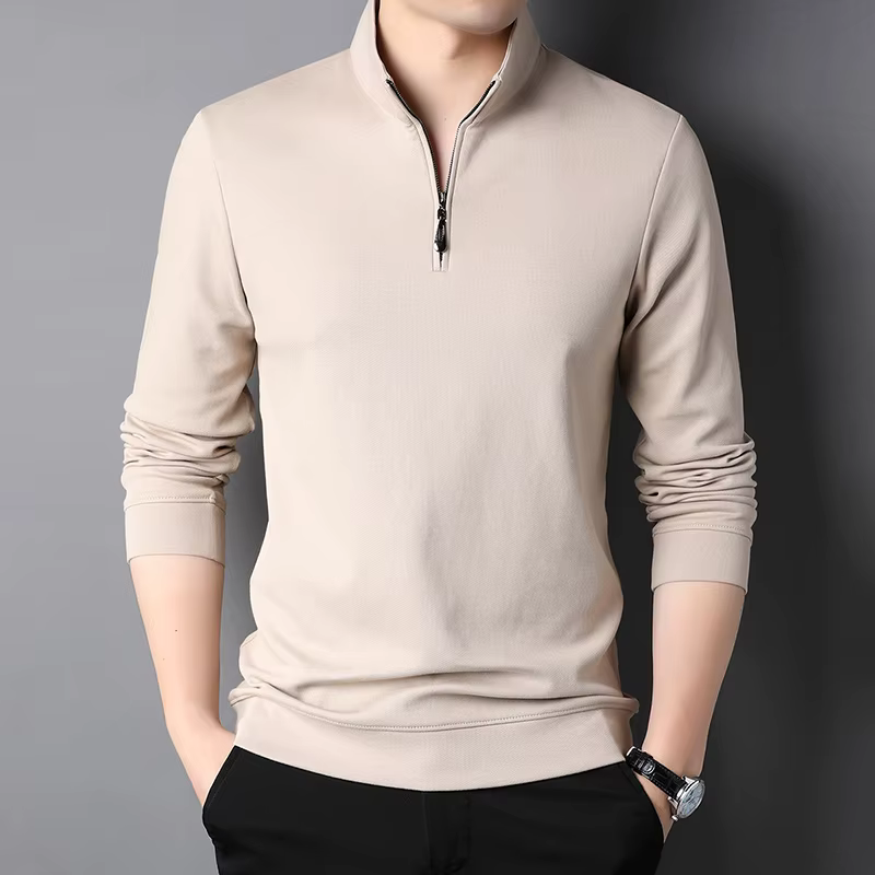 Polo à manches longues avec fermeture éclair pour hommes, vêtements décontractés, monochromatique, d