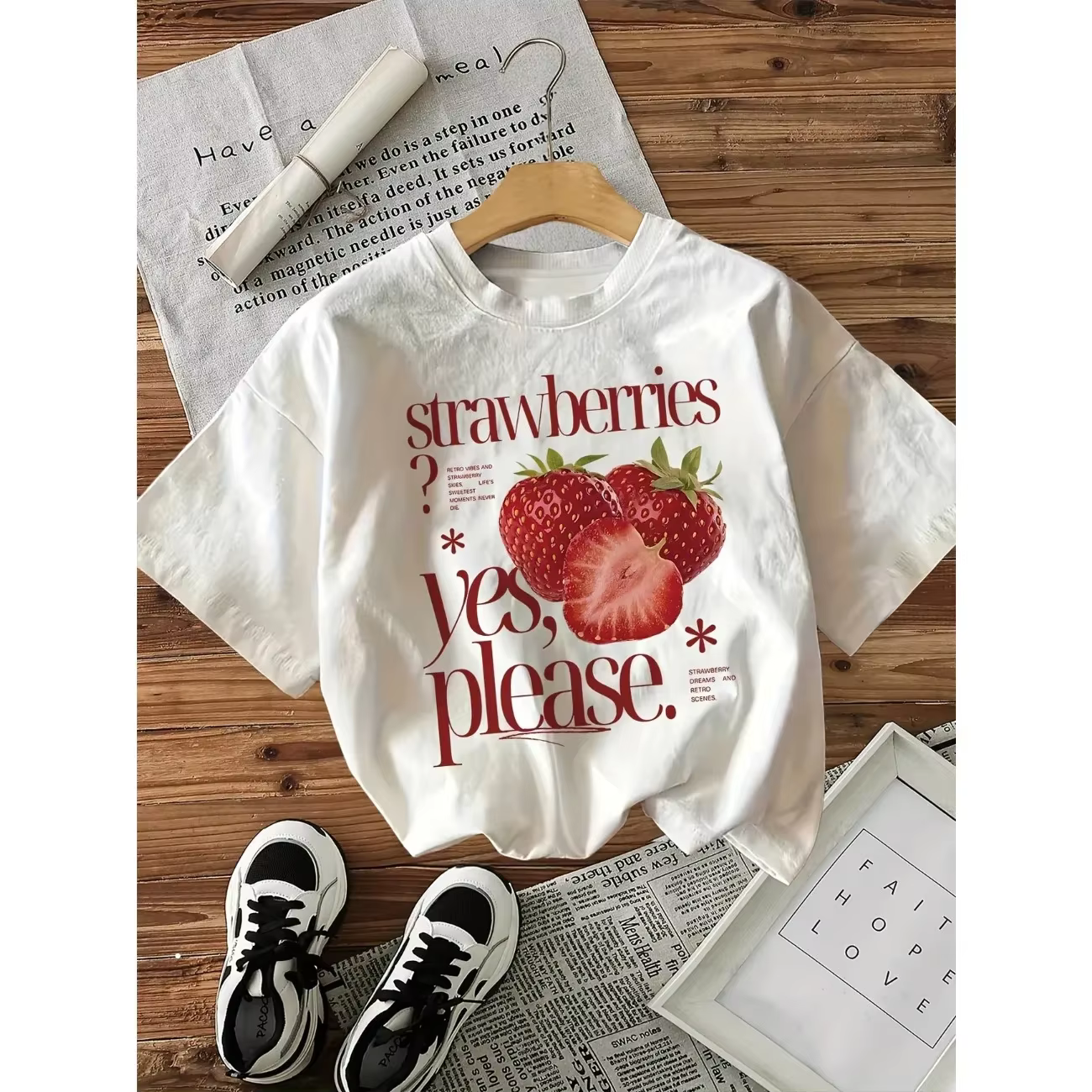 Nouveau T-shirt d'été décontracté rétro à col rond et manches courtes imprimé motif fraise