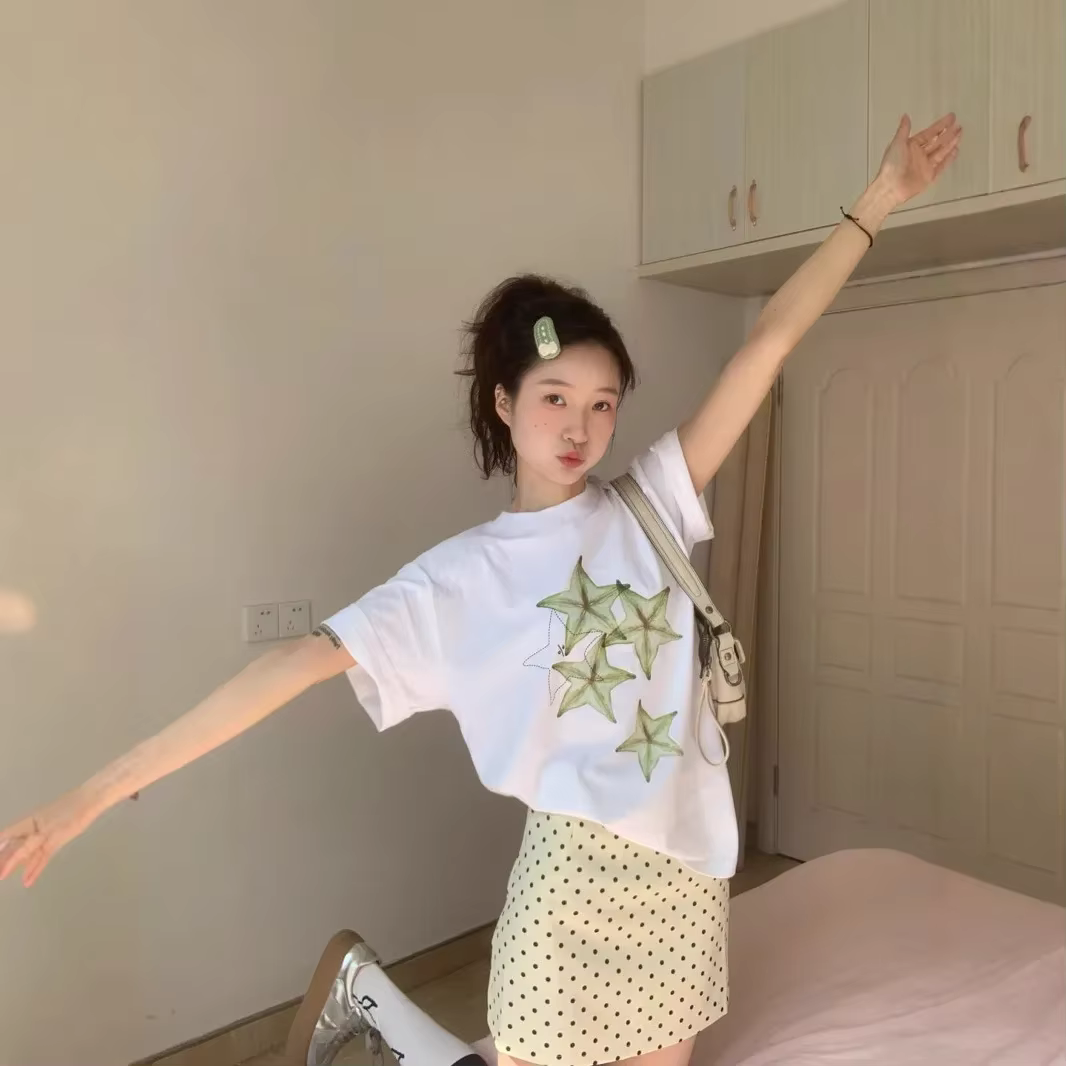T-shirt à manches courtes imprimé pour femmes, tendance américaine Ins, été Y2k, fruits amusants, dé