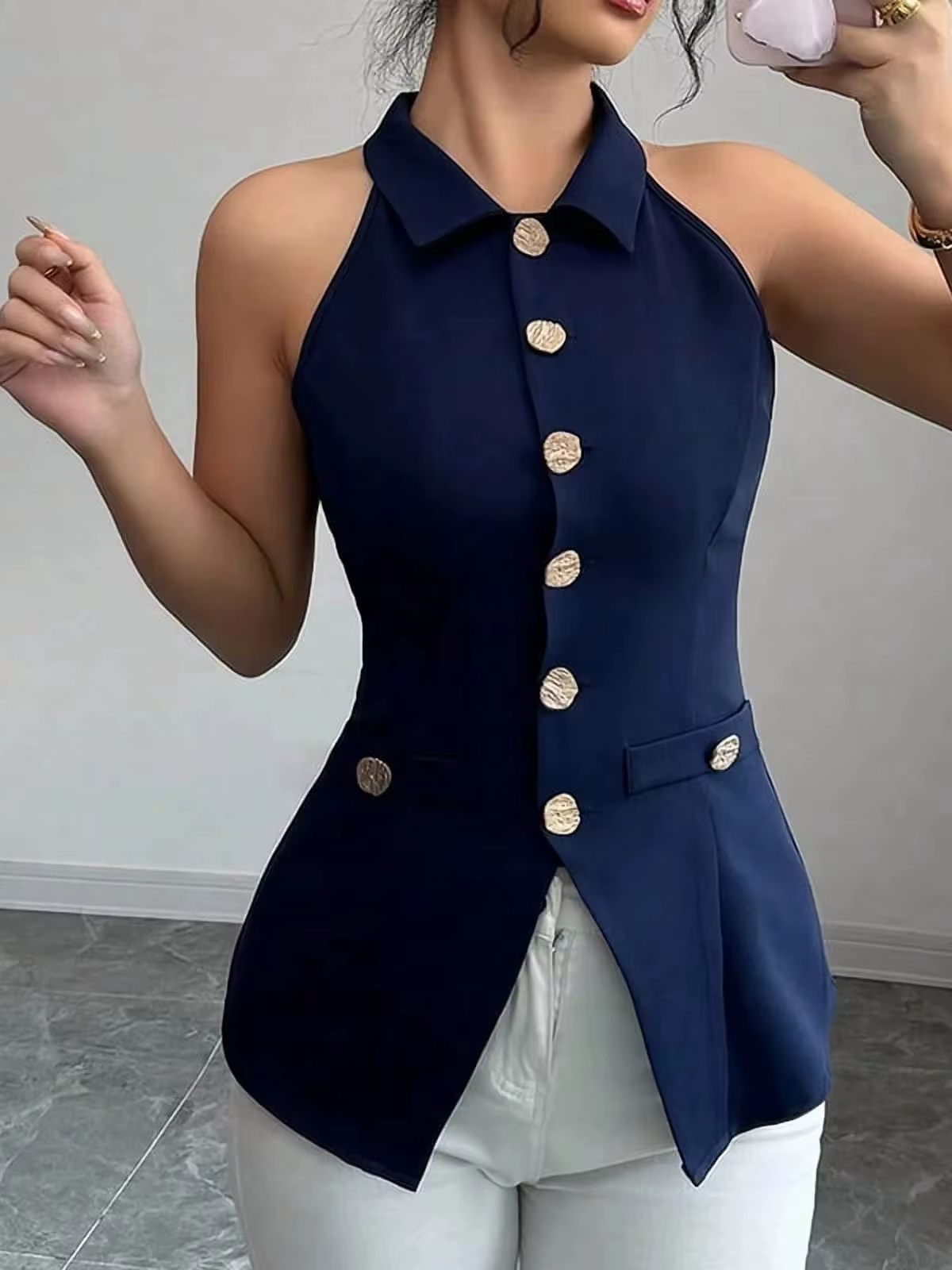 Gilet sans manches pour femme, élégant, à col boutonné, coupe ajustée, style décontracté chic, nouve