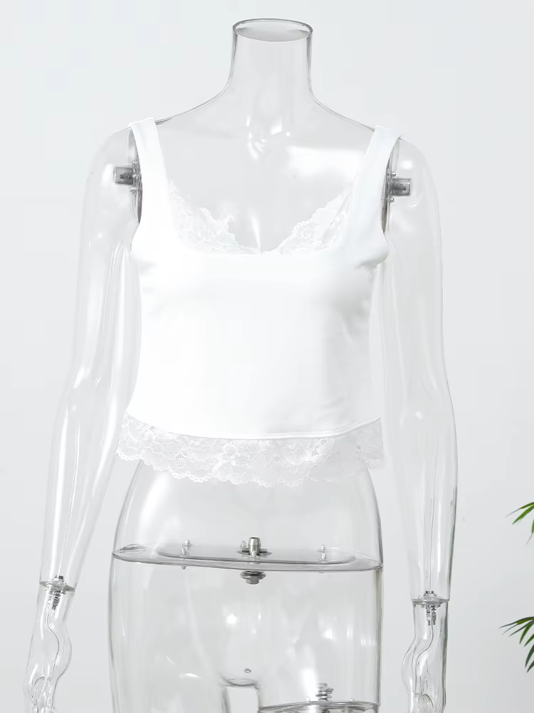 Débardeur court noir uni en dentelle pour femme, col en V, dos nu, style streetwear, patchwork spagh