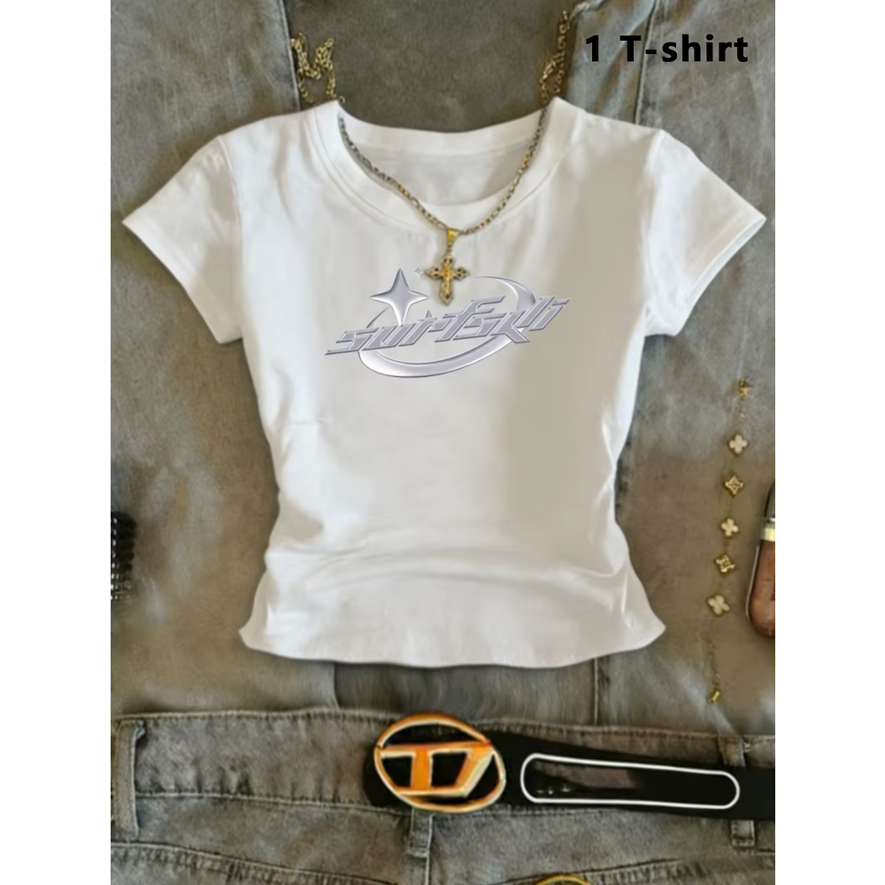 Nouveau T-shirt imprimé lettres 2026 en coton pur, coupe ajustée, style décontracté Y2K, pour femme,