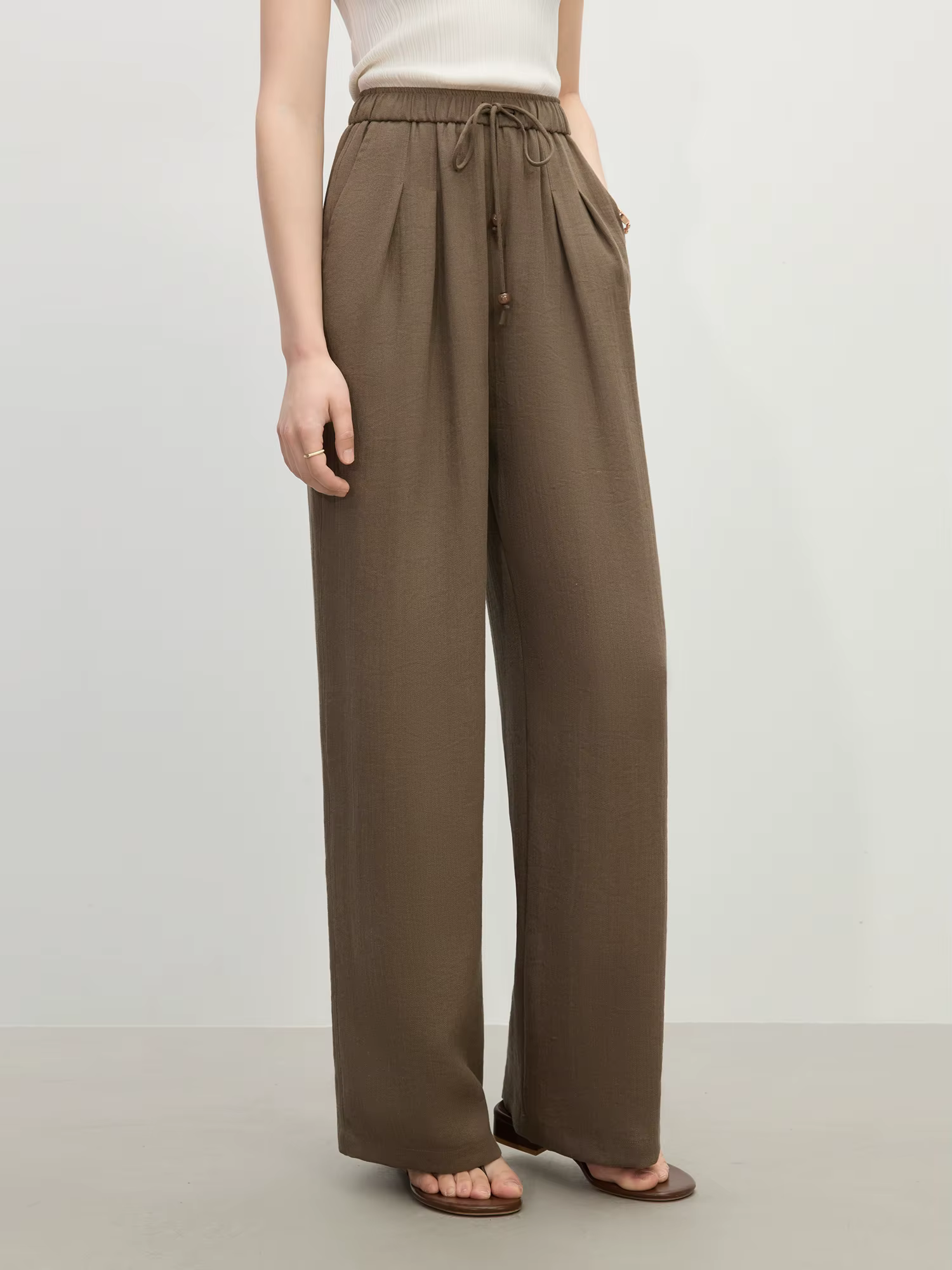 FSLE minimalisme Style lin droit élastique taille haute pantalons décontractés pour les femmes été 2