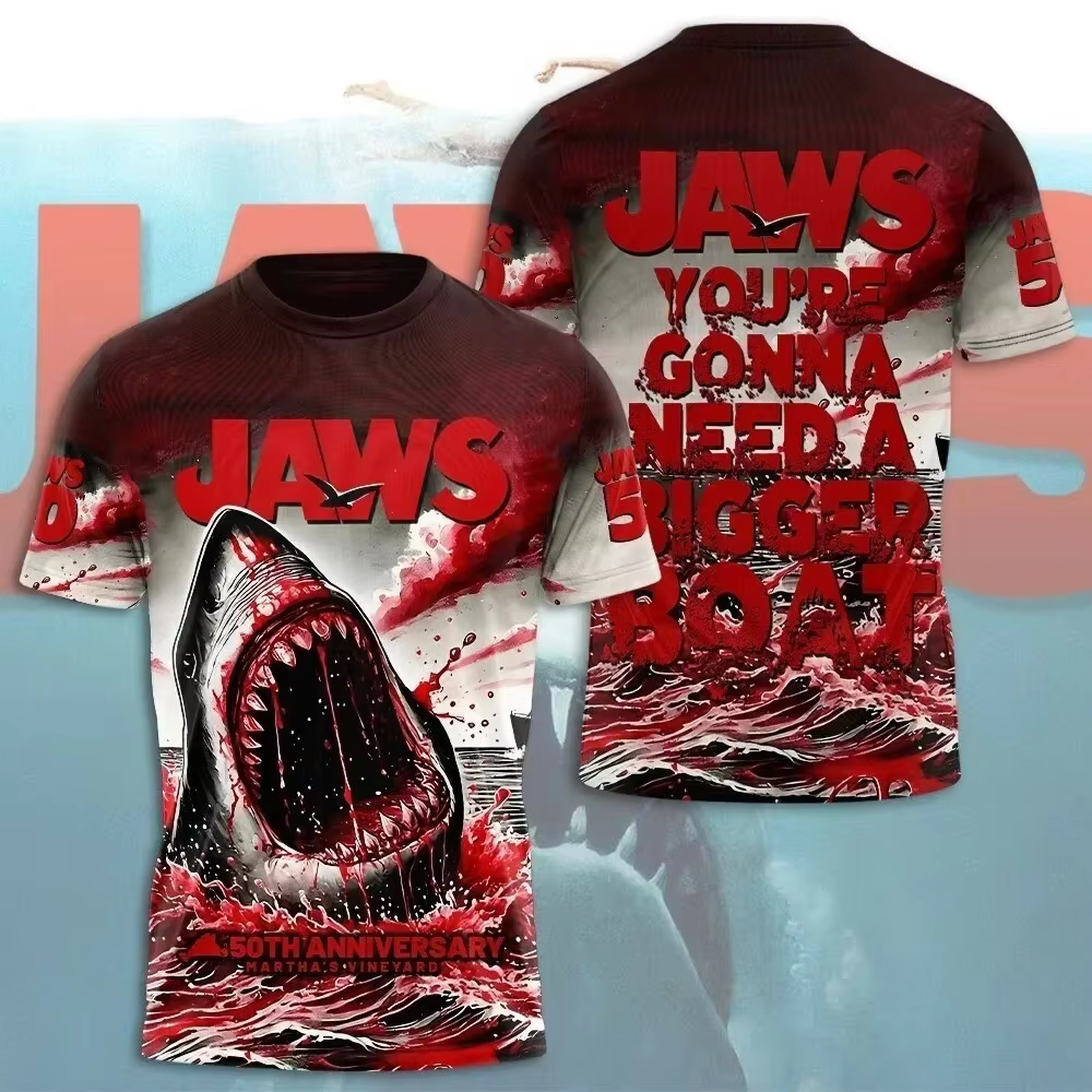 Jaws 50Th anniversaire 3D partout imprimé col rond manches courtes respirant 3D imprimé T-shirt tout