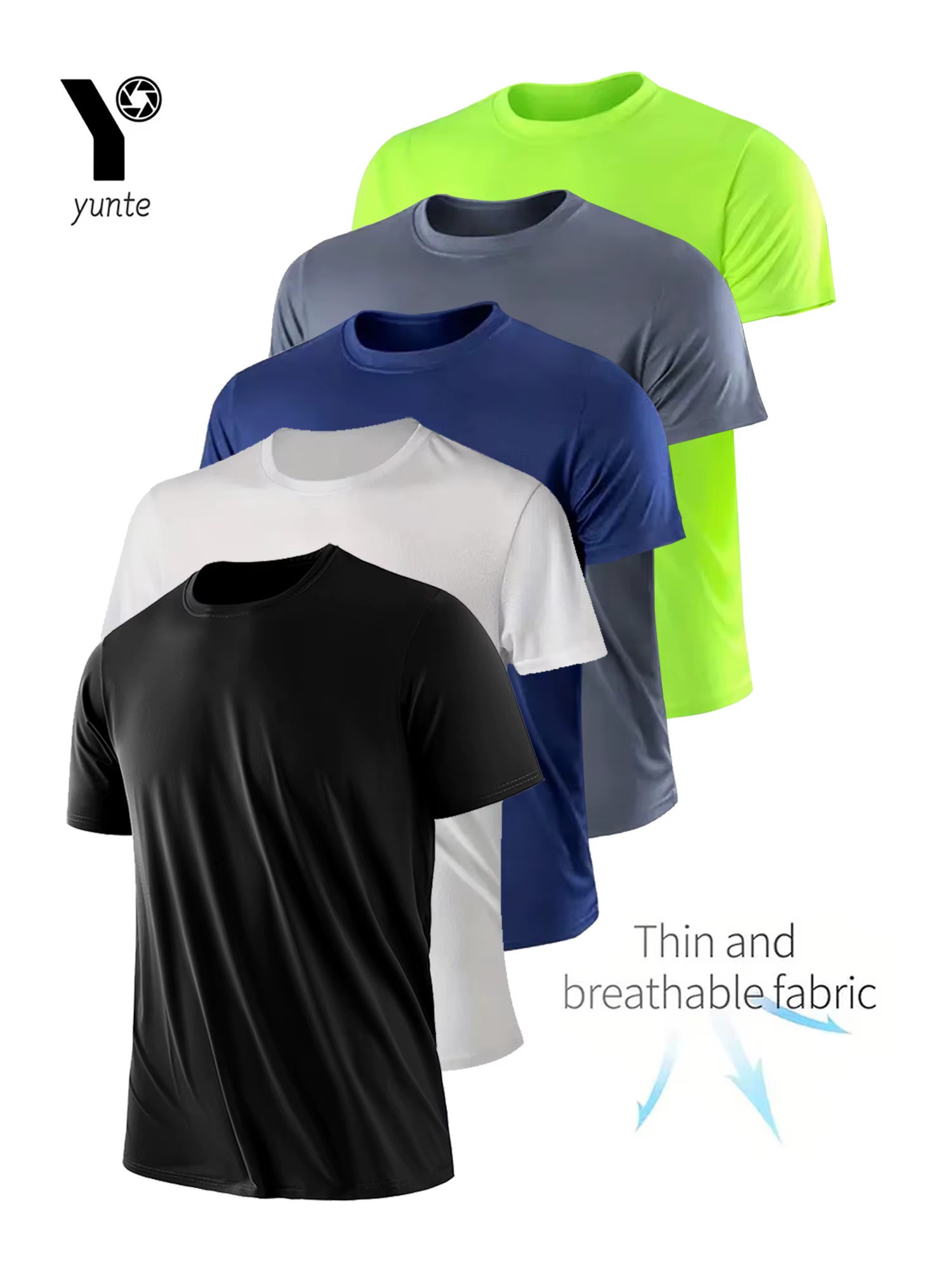 T-shirt à col rond pour homme, 5 couleurs, noir et blanc, gris 144, vert fluo, ultra-léger, respiran