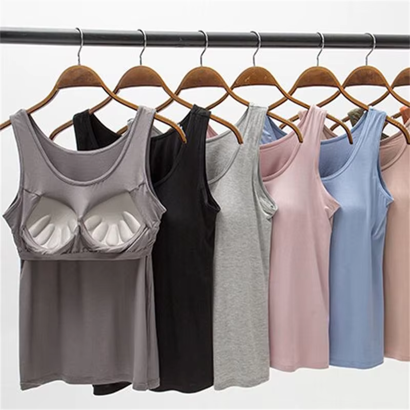 2023 Débardeur pour femme avec soutien-gorge intégré Col Gilet Couleur unie rembourré Slim Fit Débar