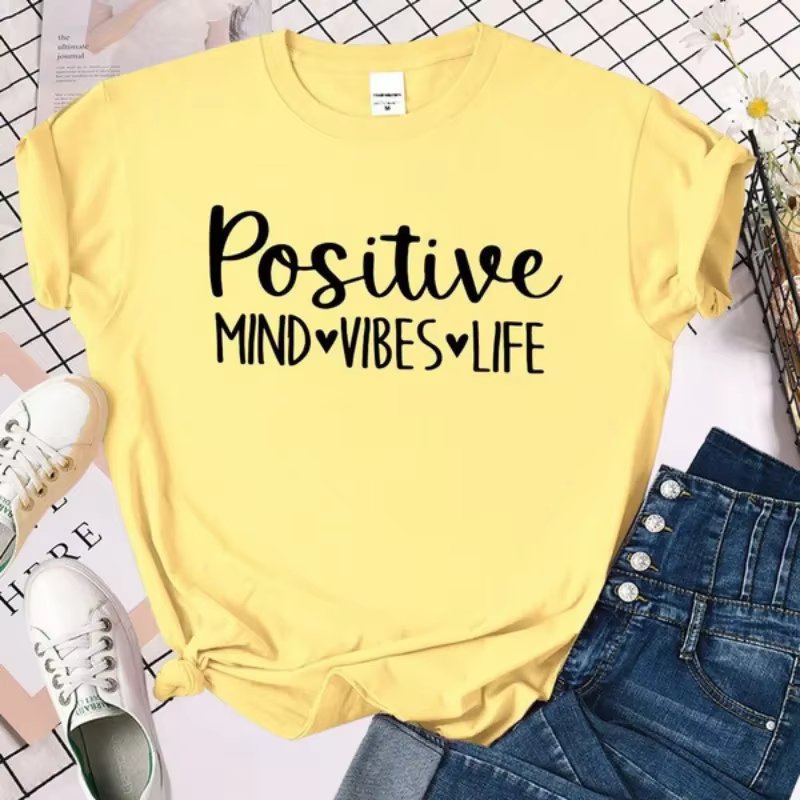 T-shirt manches courtes col rond femme, estival et positif, avec lettres imprimées Beaumont Vibes Li