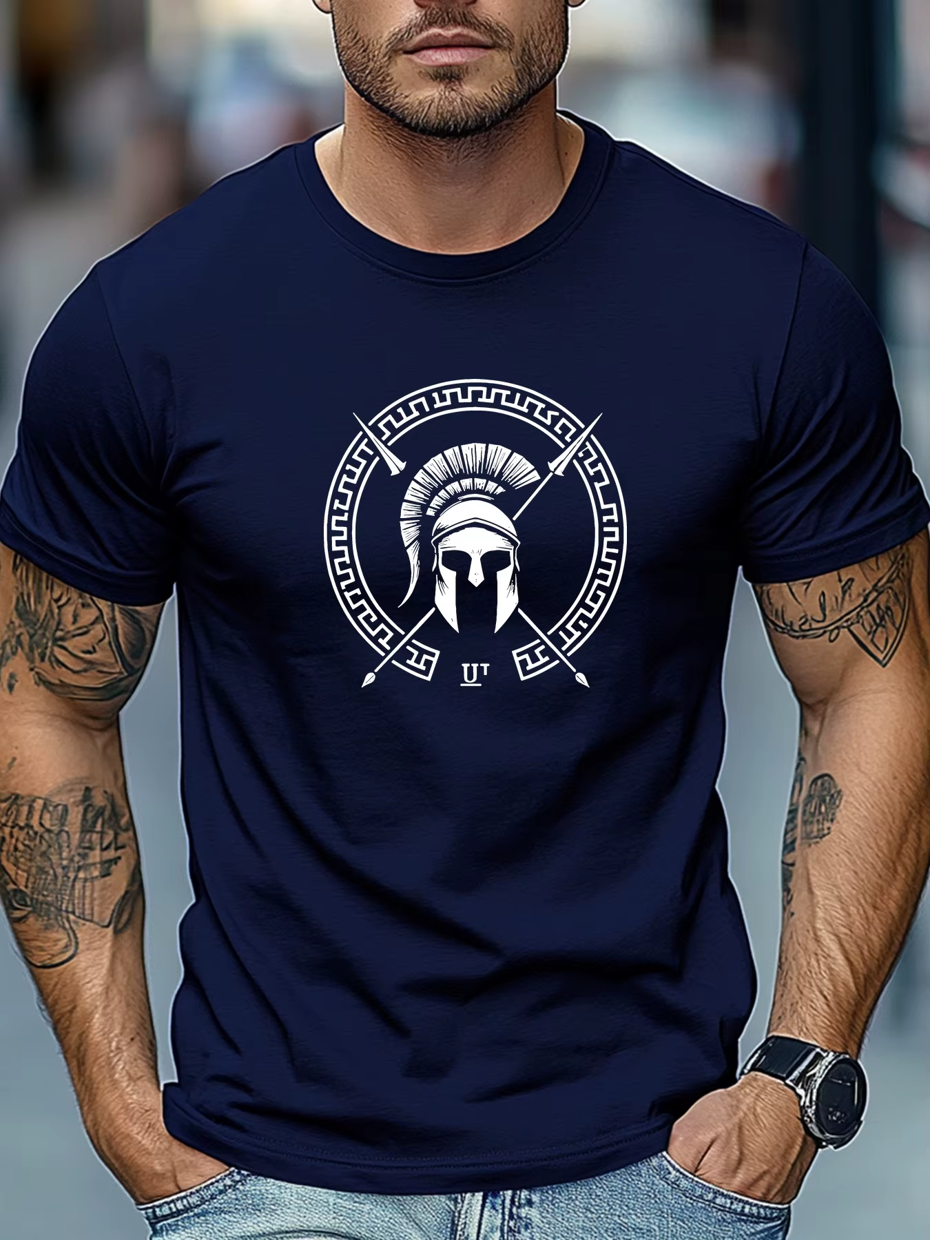 T-shirt d'été 100% pur coton pour hommes, décontracté, ample, motif casque Spartan imprimé, respiran