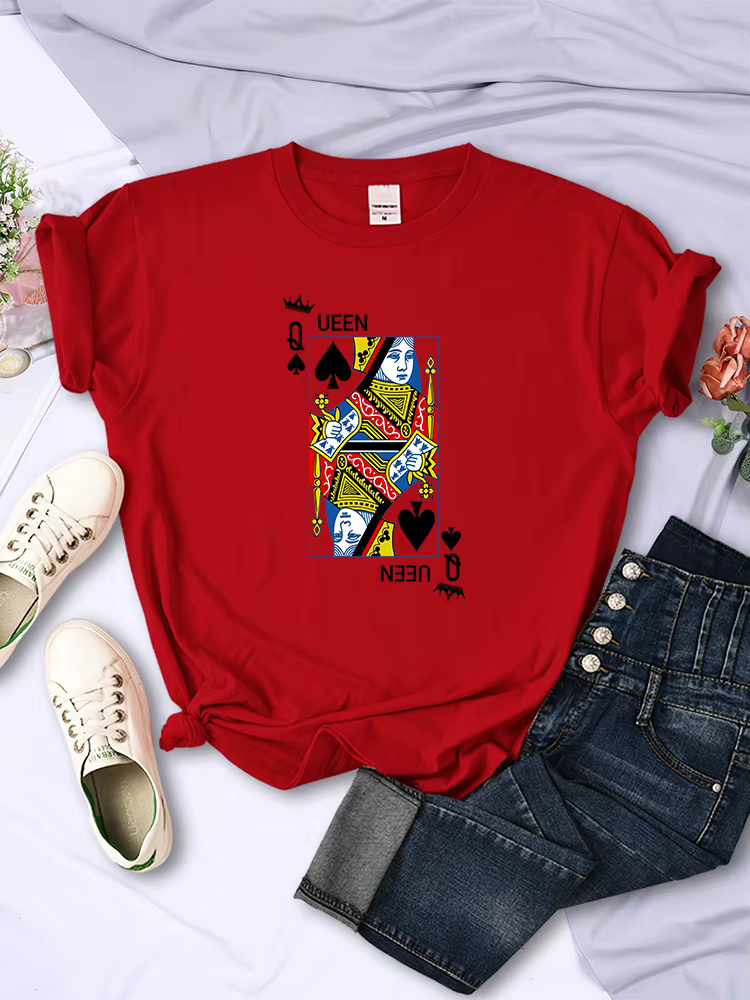 T-shirt à manches courtes imprimé cartes de poker Queen Of Spades Q pour femmes, décontracté, Kawaii