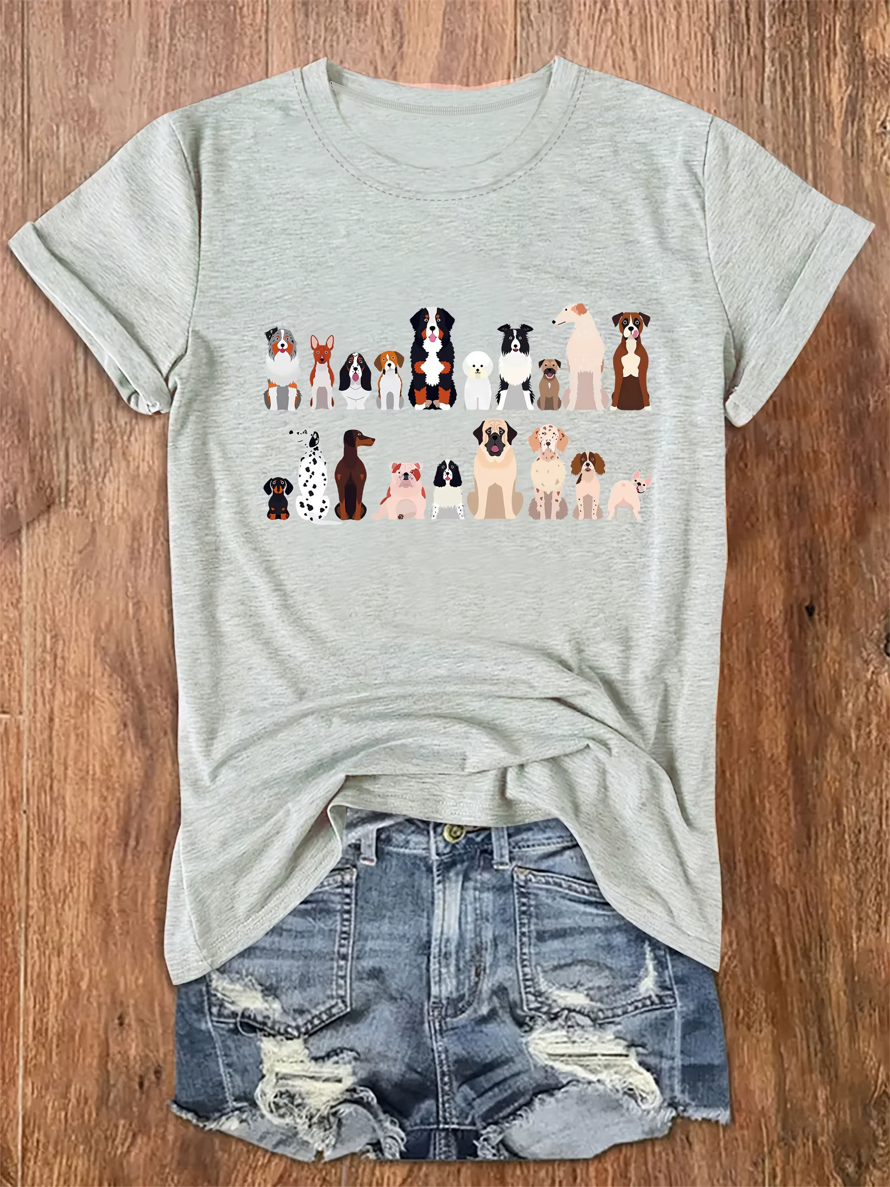T-shirt pour femme avec collage de races de chiens mignons - Haut décontracté pour les amoureux des 