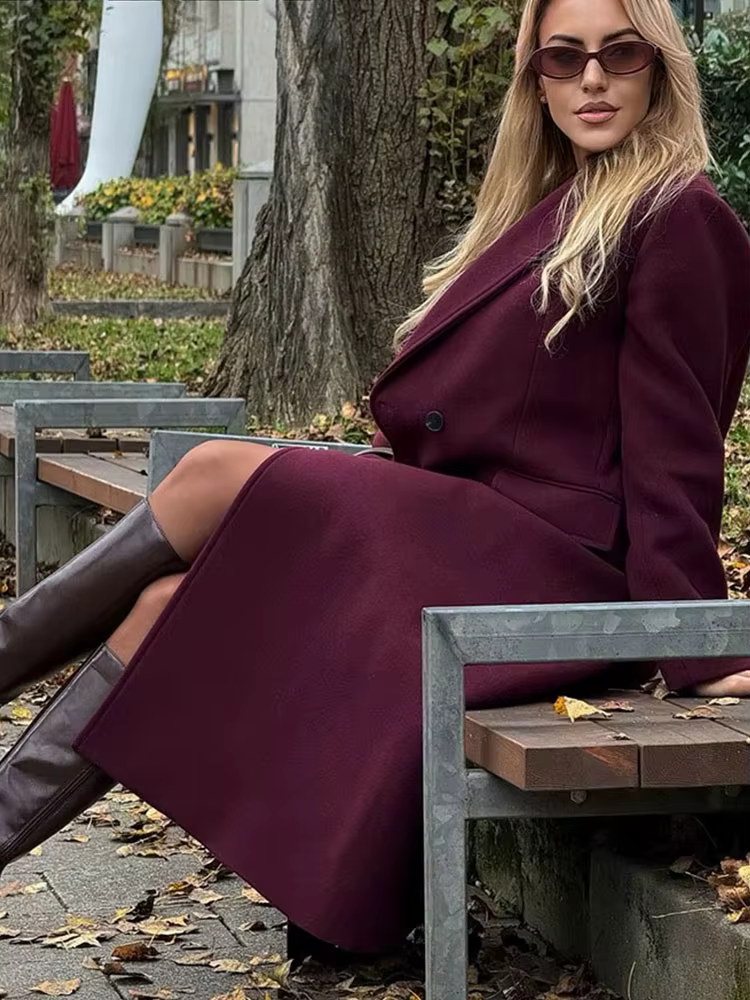 HH femmes mode bordeaux manteau Double boutonnage à manches longues revers mélanges veste automne hi