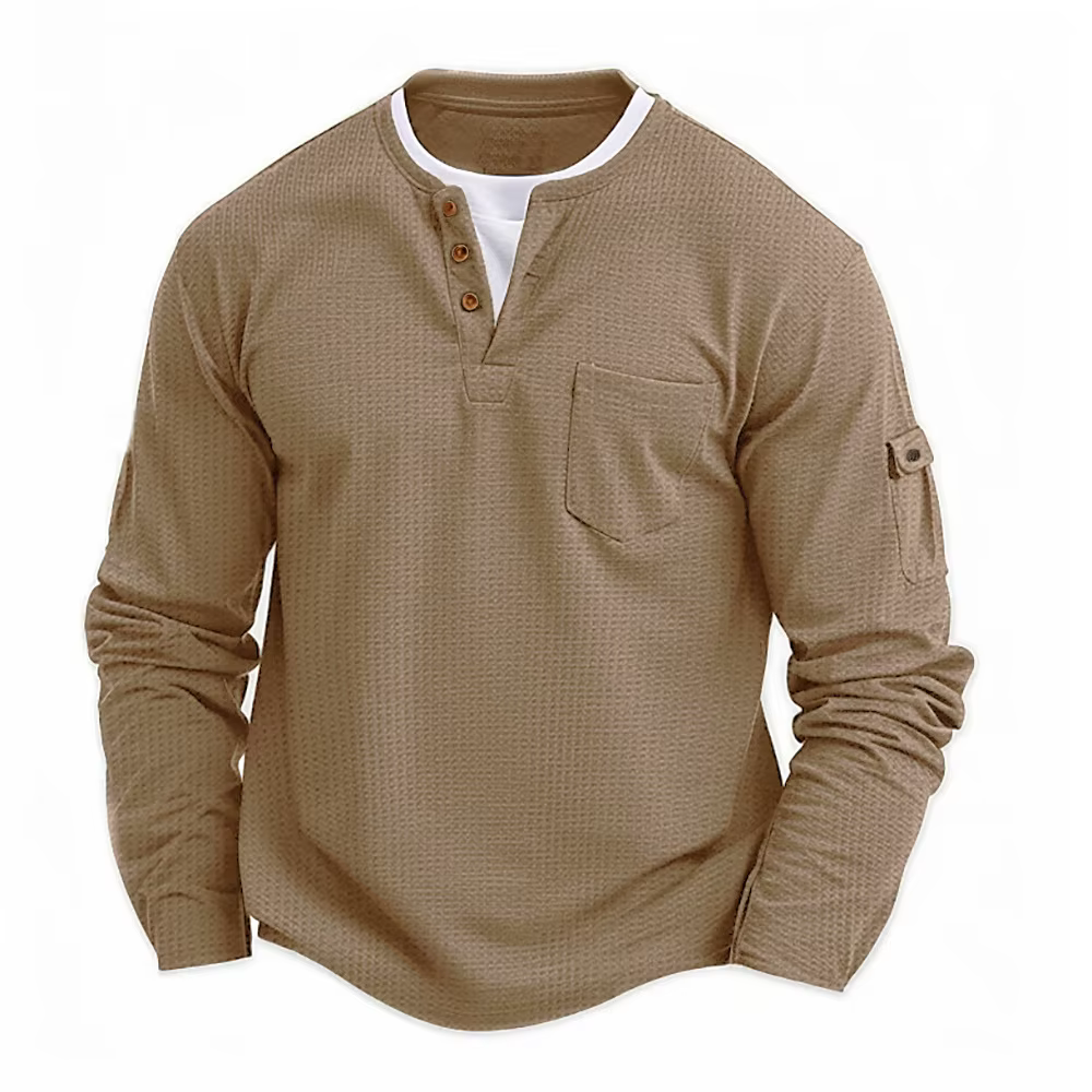 Homme nouveau bouton Henley col chemise à manches longues décontracté bouton couleur unie T-Shirt mo