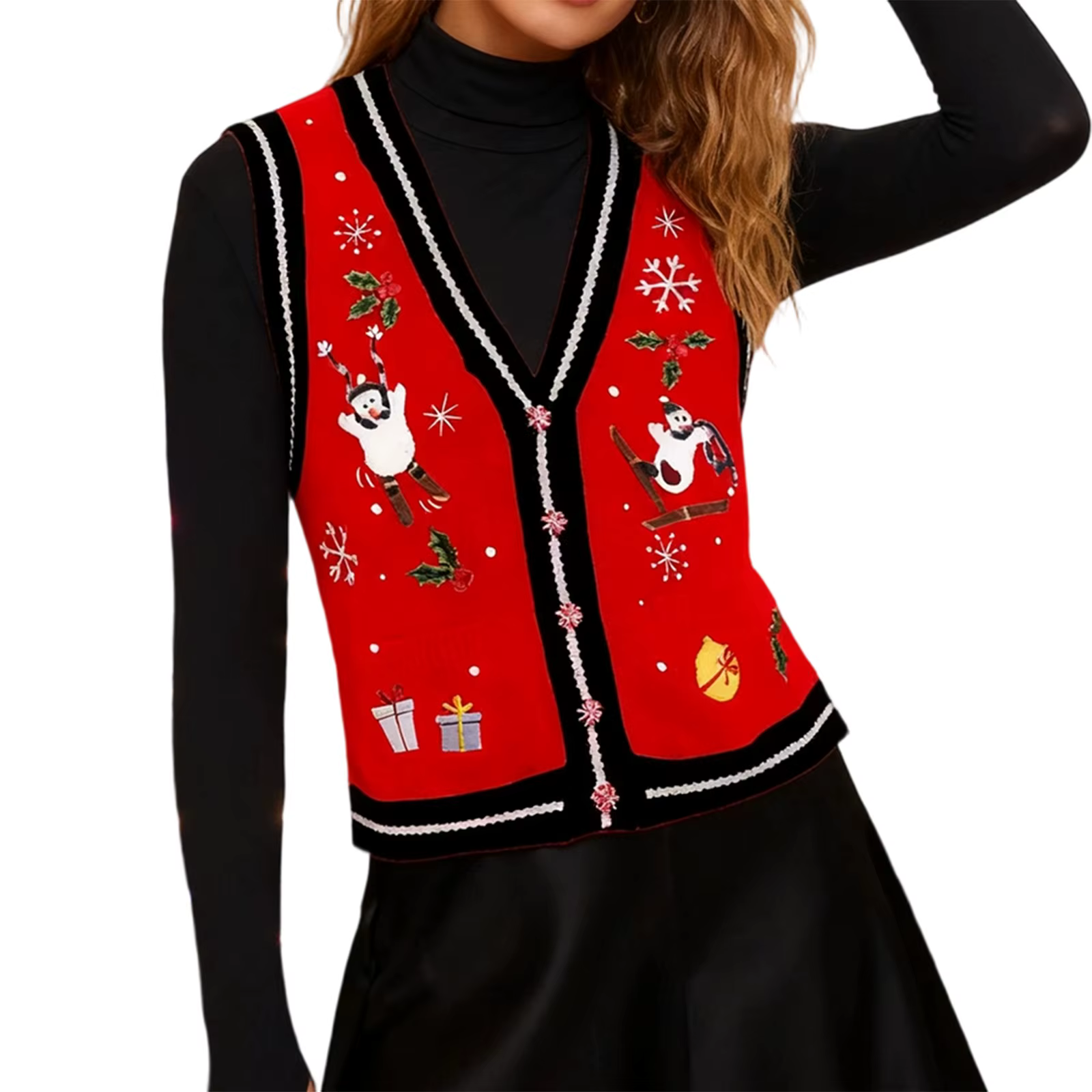 Gilet en tricot brodé de noël pour femmes, gilet élégant sans manches à boutons, bonhomme de neige, 