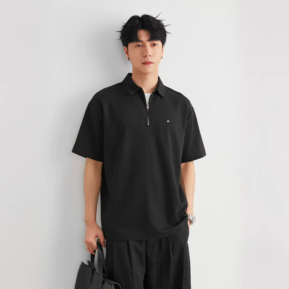 Polo à col zippé brodé lettres pour homme, nouvelle collection été 2026, coupe ample, épaules tomban