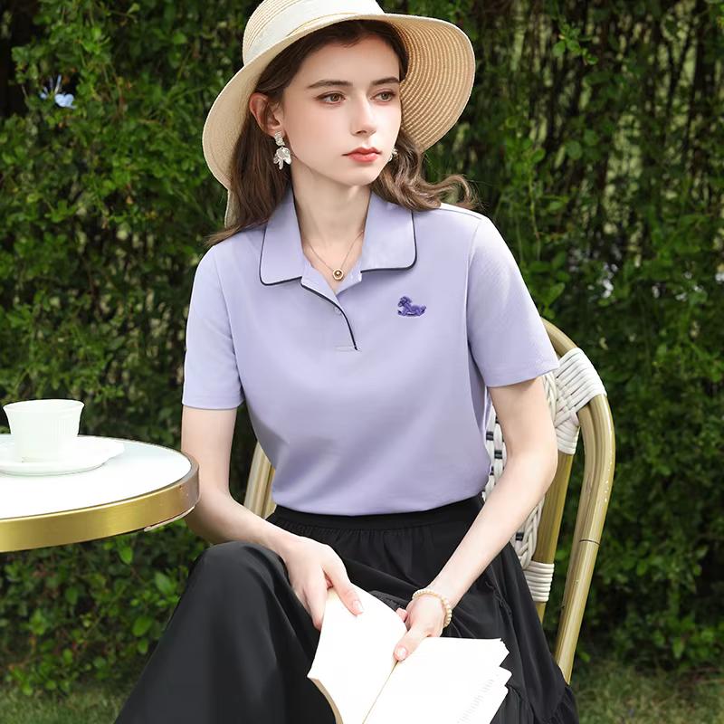 I BELIEVE YOU Polo violet pour femme, été 2026, broderie cheval, manches courtes, décontracté, respi