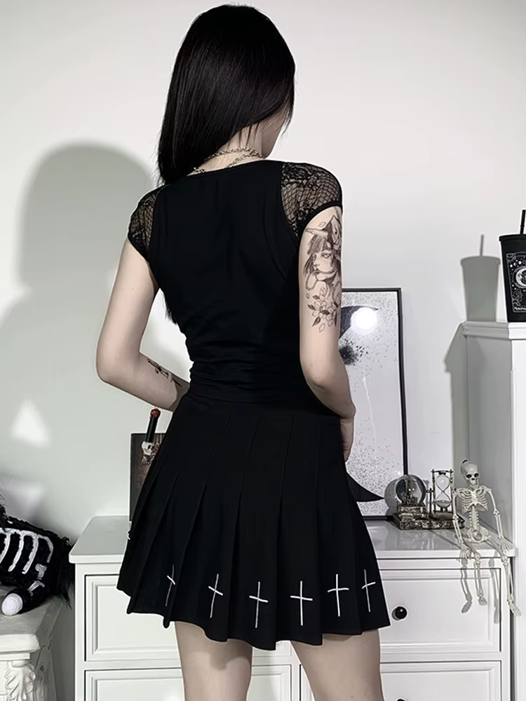 T-shirt gothique Vintage pour femmes, moulant, Bandage, dentelle, maille noire, Sexy, décontracté, g