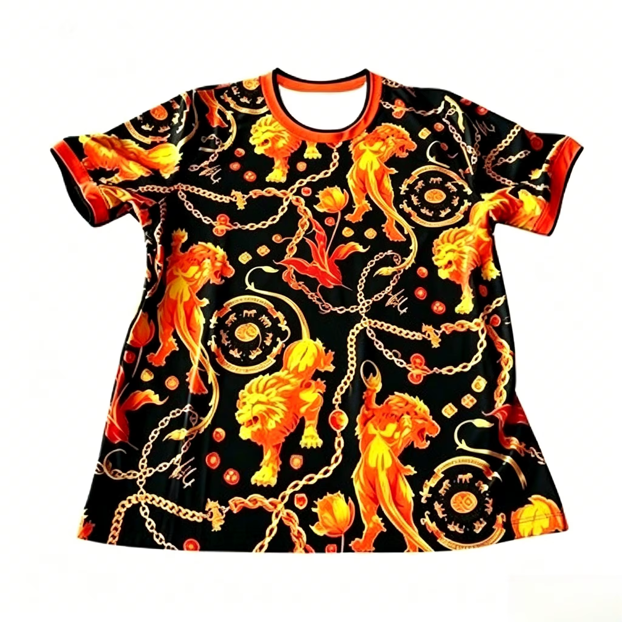 T-shirt de luxe baroque pour homme, imprimé lion doré et chaîne sur toute la surface, style vintage 