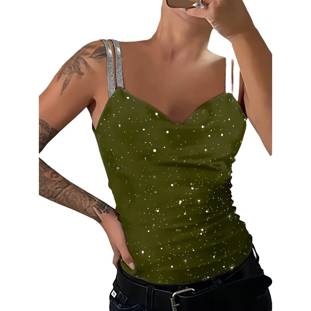 Débardeur chic et glamour pour femme, en satin, froncé, avec bretelles en strass, coupe ajustée, idé