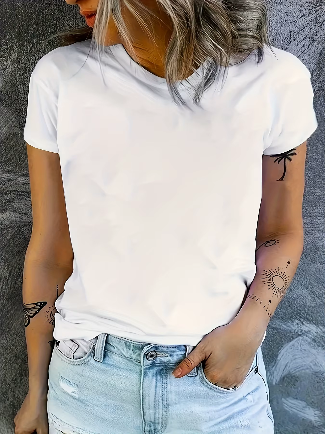 T-Shirt décontracté de couleur unie pour femmes, haut doux à manches courtes et col rond pour tenue 