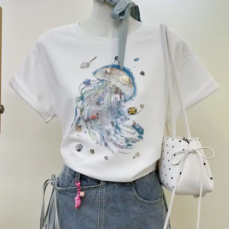 T-shirt à manches courtes pour femmes, imprimé coquille de méduse blanche, broderie, tissu frais, ét