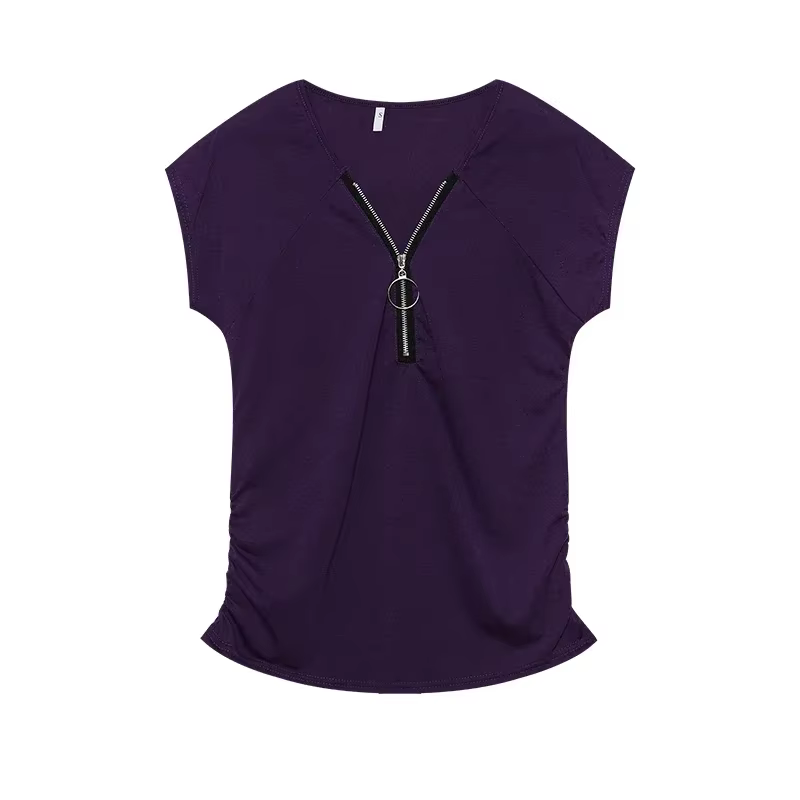 Chemisier T-shirt à manches courtes décontracté pour femme, style été, avec fermeture éclair sur la 