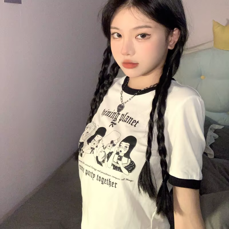 Haut court vintage à col rond pour femme, t-shirt à manches courtes, lettre imprimée, mode coréenne,
