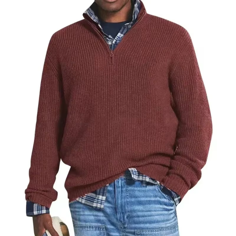 Pull à manches longues pour hommes, pull décontracté, haut monochrome, demi-fermeture éclair, extéri
