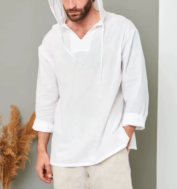 Chemise à capuche en lin et coton pour homme, couleur unie, manches longues, style chinois, respiran