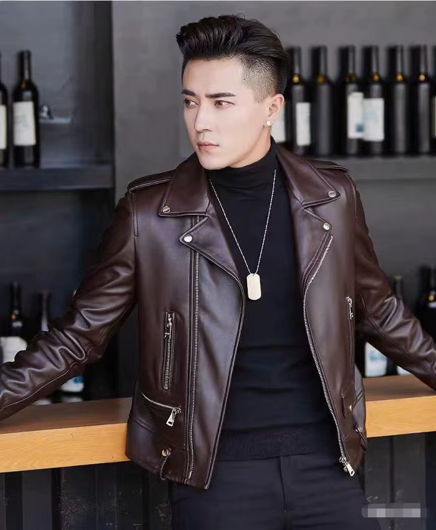 Veste en cuir imprimée pour hommes au printemps et à l'automne, avec fermeture éclair à revers, tend