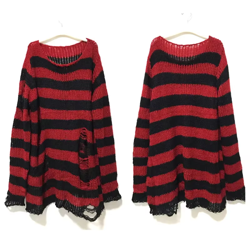 Nouveau Streetwear haut Punk gothique Long unisexe pull été femmes rayé Cool trou creux cassé pull a