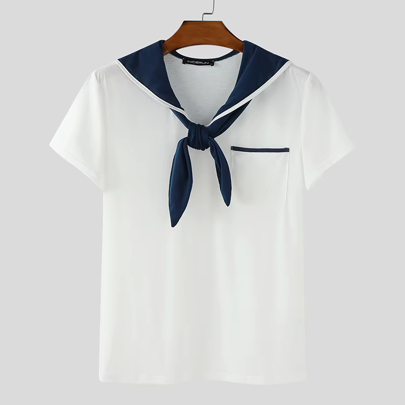 INCERUN hommes t-shirt Patchwork été col marine à manches courtes hommes t-shirt hauts Streetwear 20