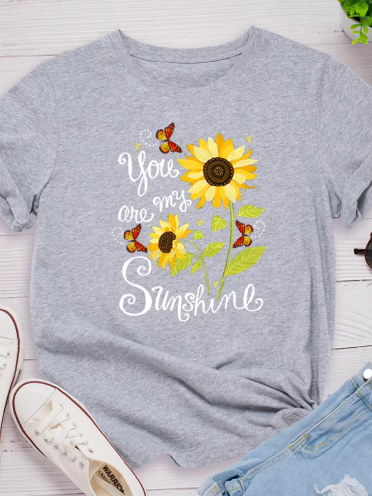 T-shirt manches courtes col rond femme, ample, You Are My Sunshine, imprimé tournesol