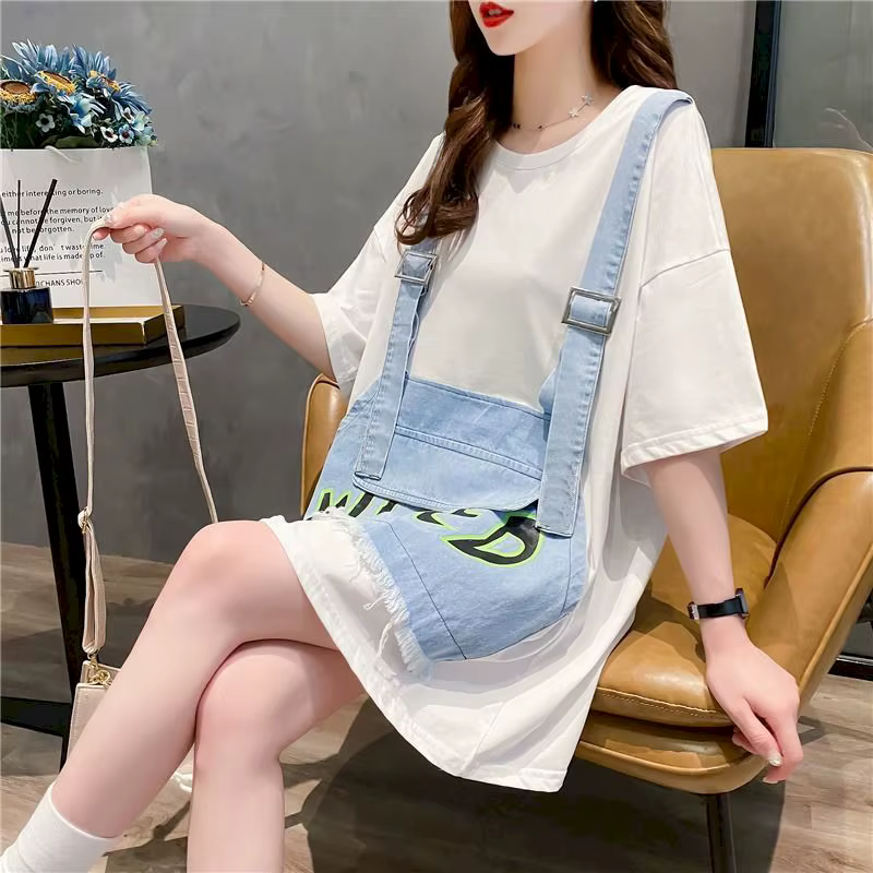 T-shirt en denim à manches courtes pour femmes, faux deux pièces, mode, vêtements coréens, été, chim