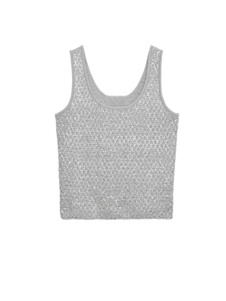 Haut court tricoté à paillettes pour femmes, coupe cintrée, col carré, sans manches, dos nu, gilet m