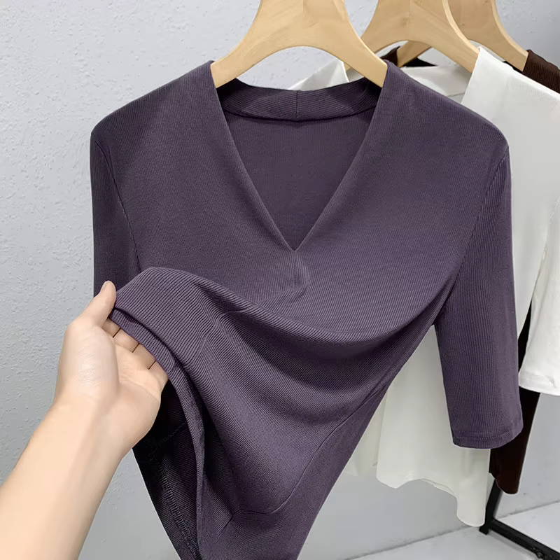 T-shirt Femme Manches Mi-Longues Col V Coupe Ajustée Taille Élastique Couleur Unie Tendance Qualité 