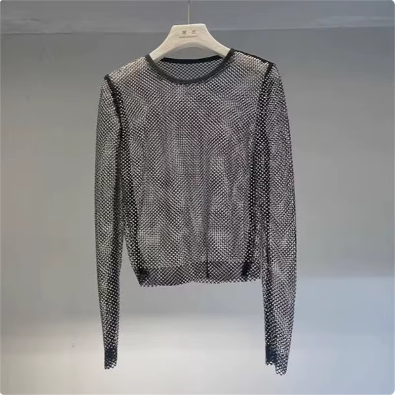 T-shirt pour femme en diamant fantaisie, haut à col rond à manches longues, avec strass brillants, c