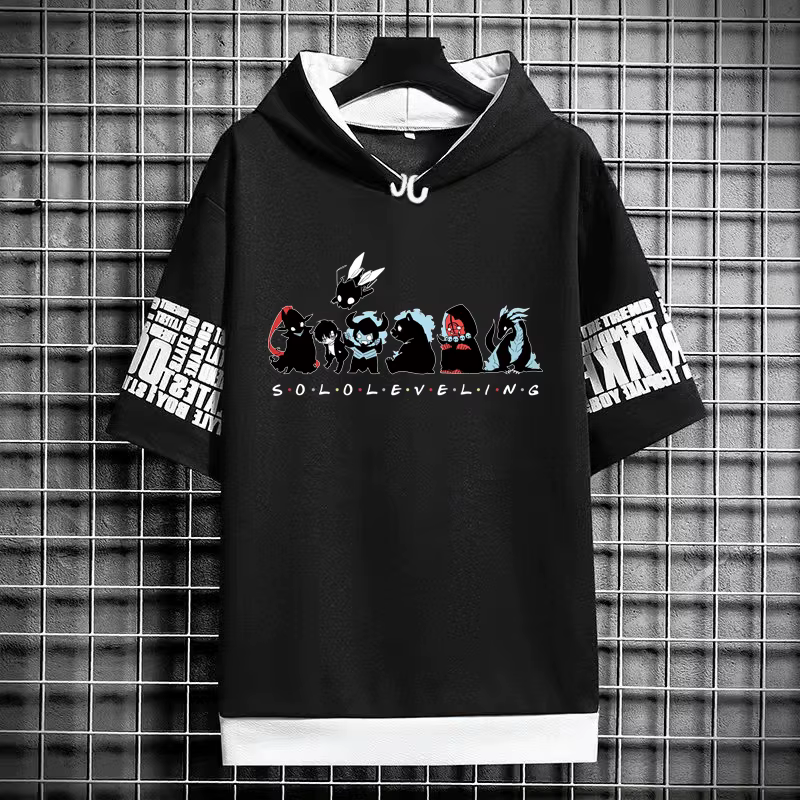 Solo nivellement T-Shirt à capuche nouveau Anime Manga chemise noire T-Shirt mode coréenne à manches