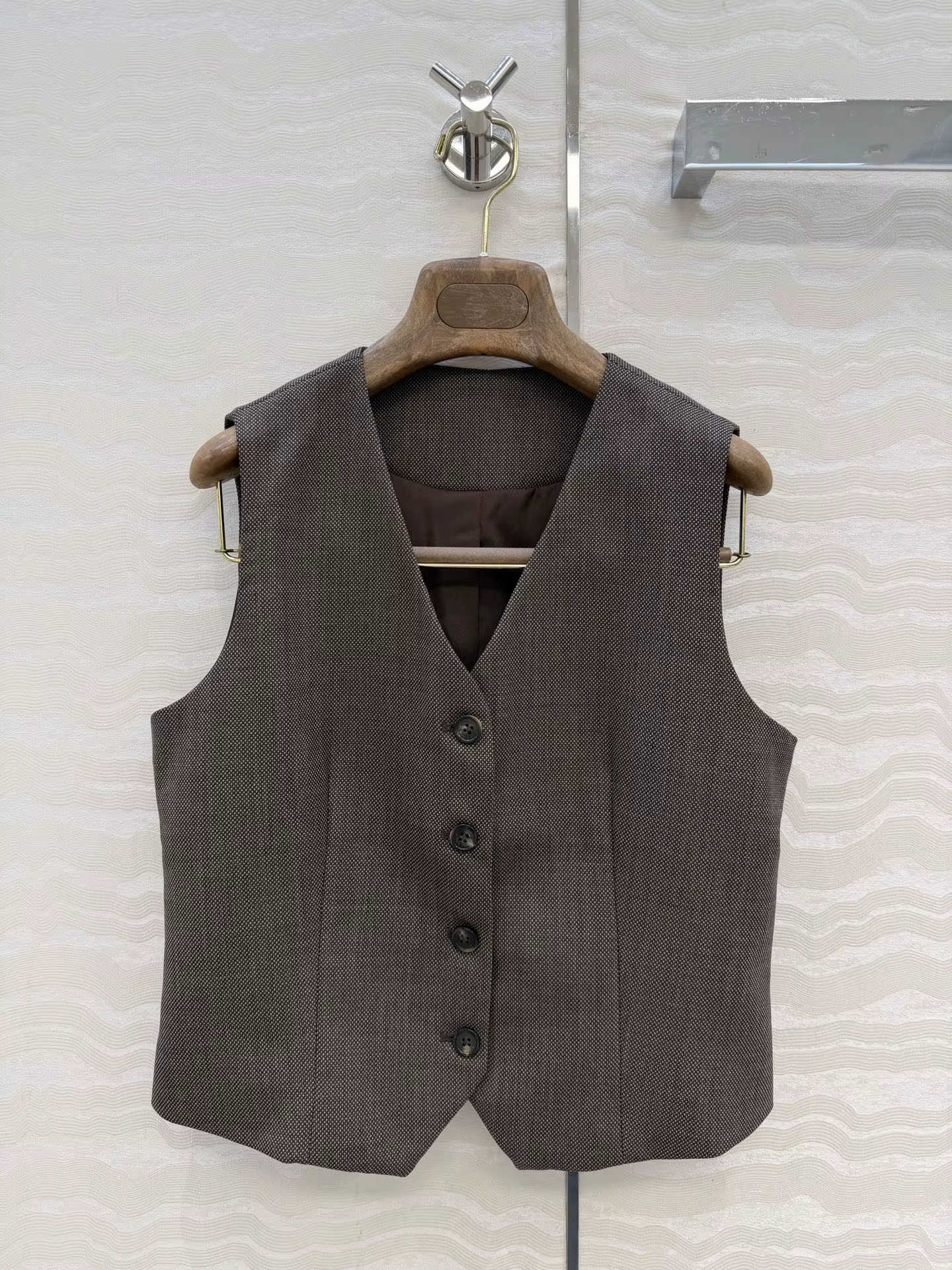 Gilet marron à col en V et simple boutonnage pour femme, coupe ajustée, décontracté, pour le bureau