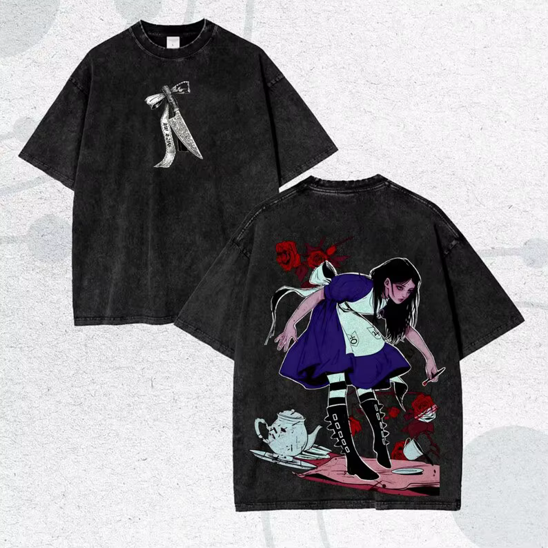 T-shirt Alice Madness Returns délavé pour couples, vêtements unisexes grande taille, vêtements de ca