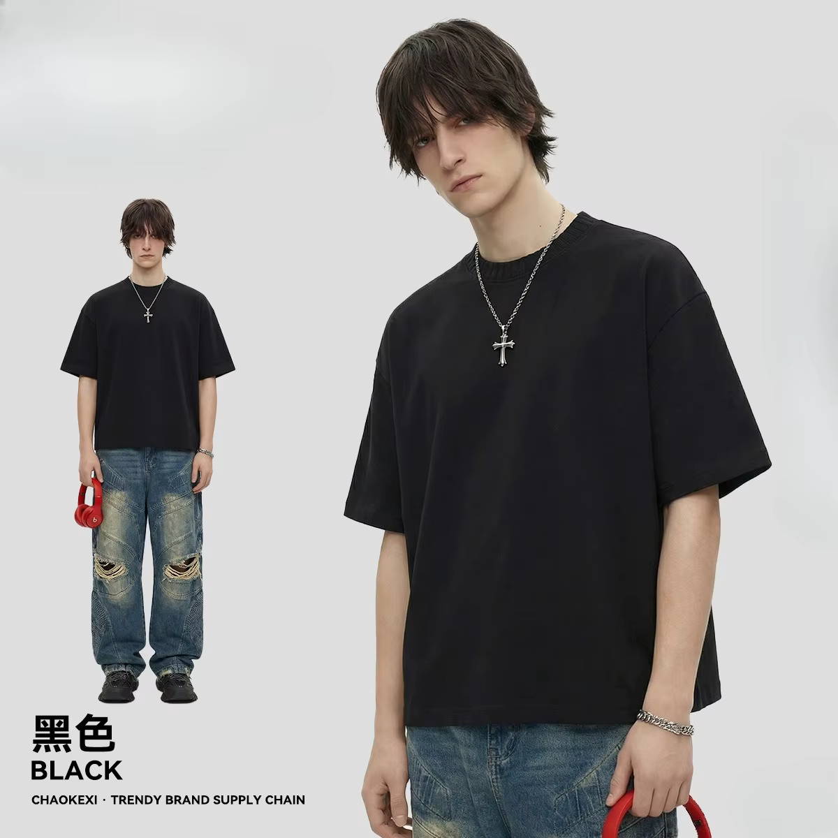 T-shirt homme été 2026 coupe boxy à manches courtes, col tricoté contrastant, en coton épais