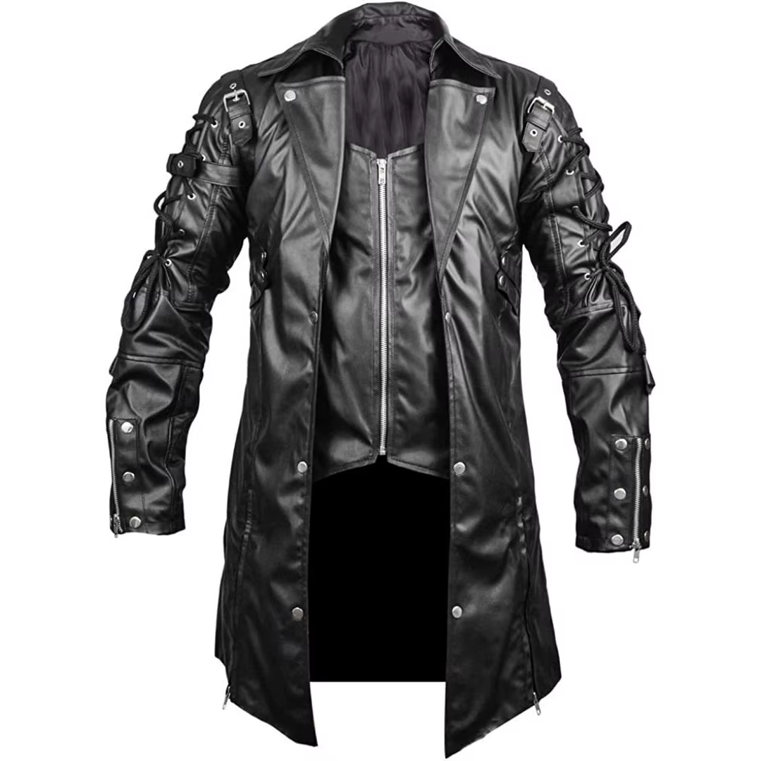 Veste longue en cuir hommes gothique Vintage en cuir PU Trench manteaux mode Moto Biker vêtements d'