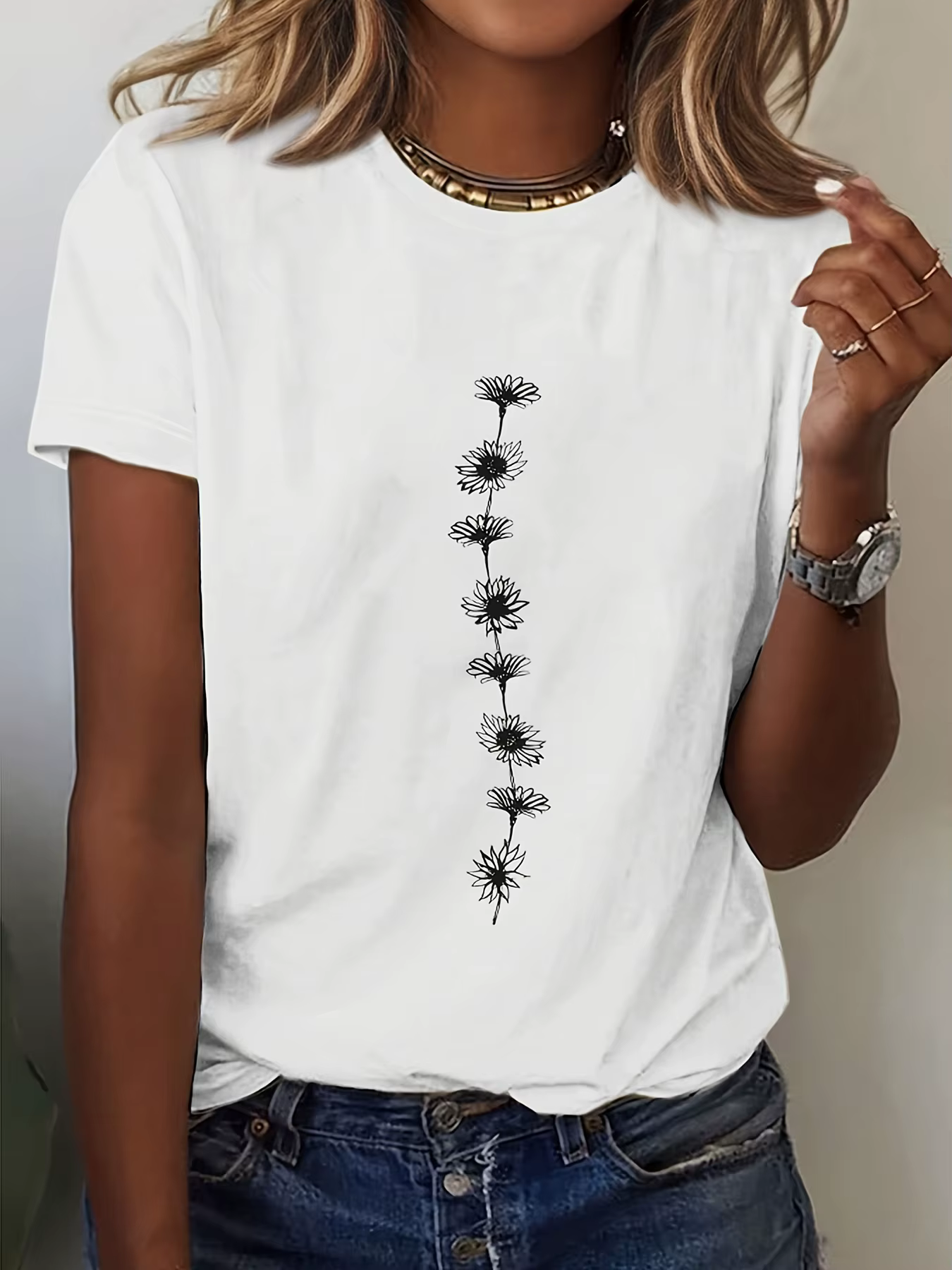 T-Shirt décontracté imprimé tournesol pour femmes, haut à manches courtes et col rond, parfait pour