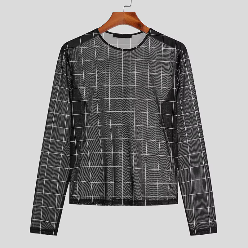 T-shirt transparent à manches longues pour hommes, maillot de corps moulant en Y, maille à carreaux,